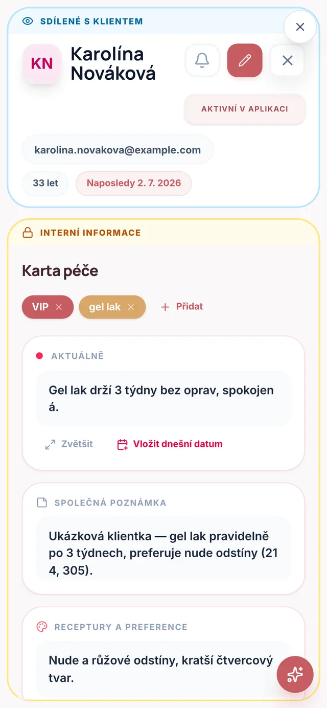 Karta klientky v telefonu